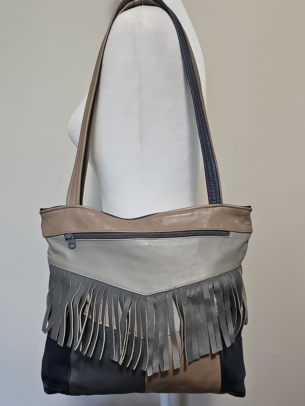 Vintage Genuine Leather Colorblock Hobo Bag with Western Fringe – Boho